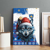 Kosovo Christmas Canvas Wall Art with Santa Wolf Snowflakes Blue Pattern and National Emblem - Wonder Print Shop