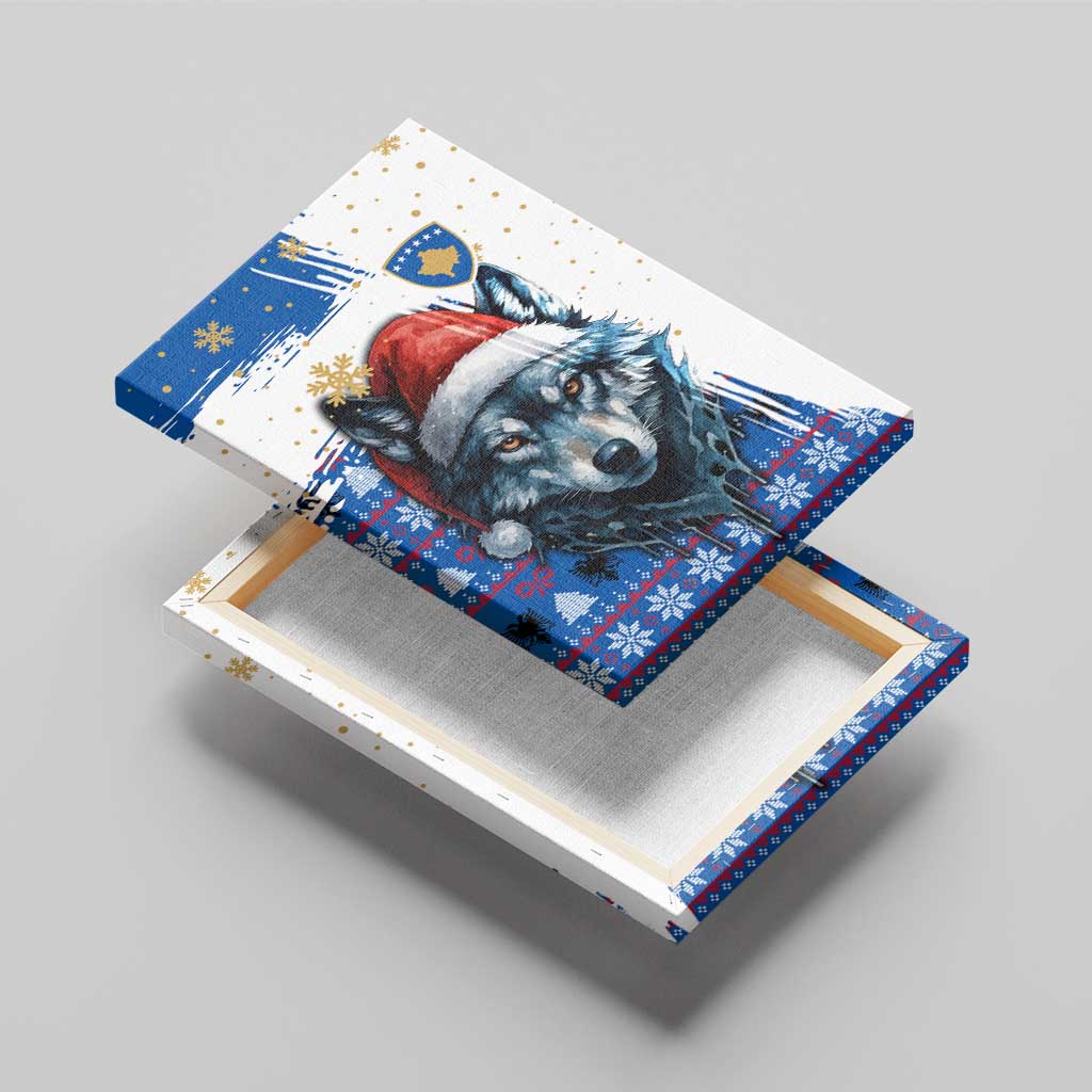 Kosovo Christmas Canvas Wall Art with Santa Wolf Snowflakes Blue Pattern and National Emblem - Wonder Print Shop