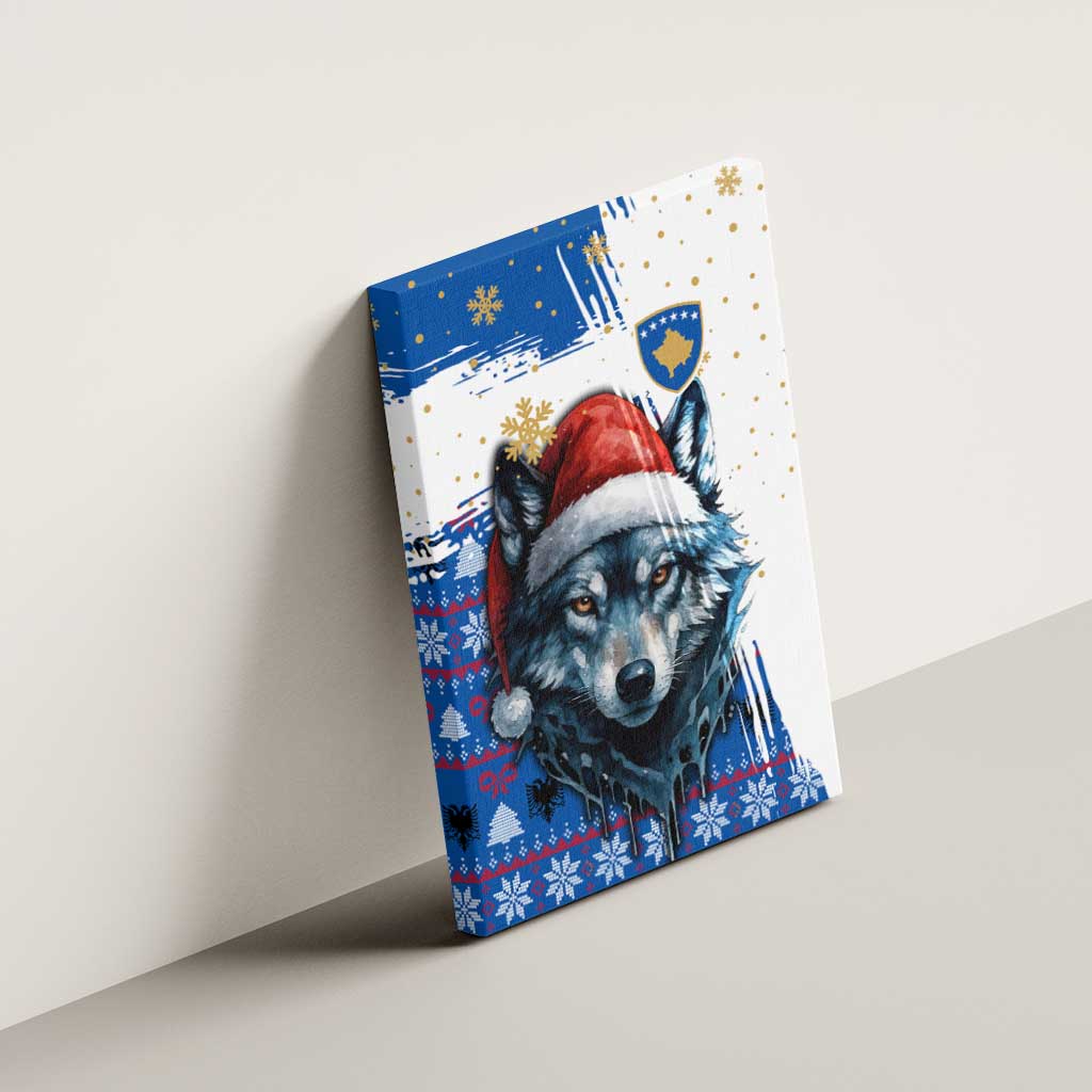 Kosovo Christmas Canvas Wall Art with Santa Wolf Snowflakes Blue Pattern and National Emblem - Wonder Print Shop