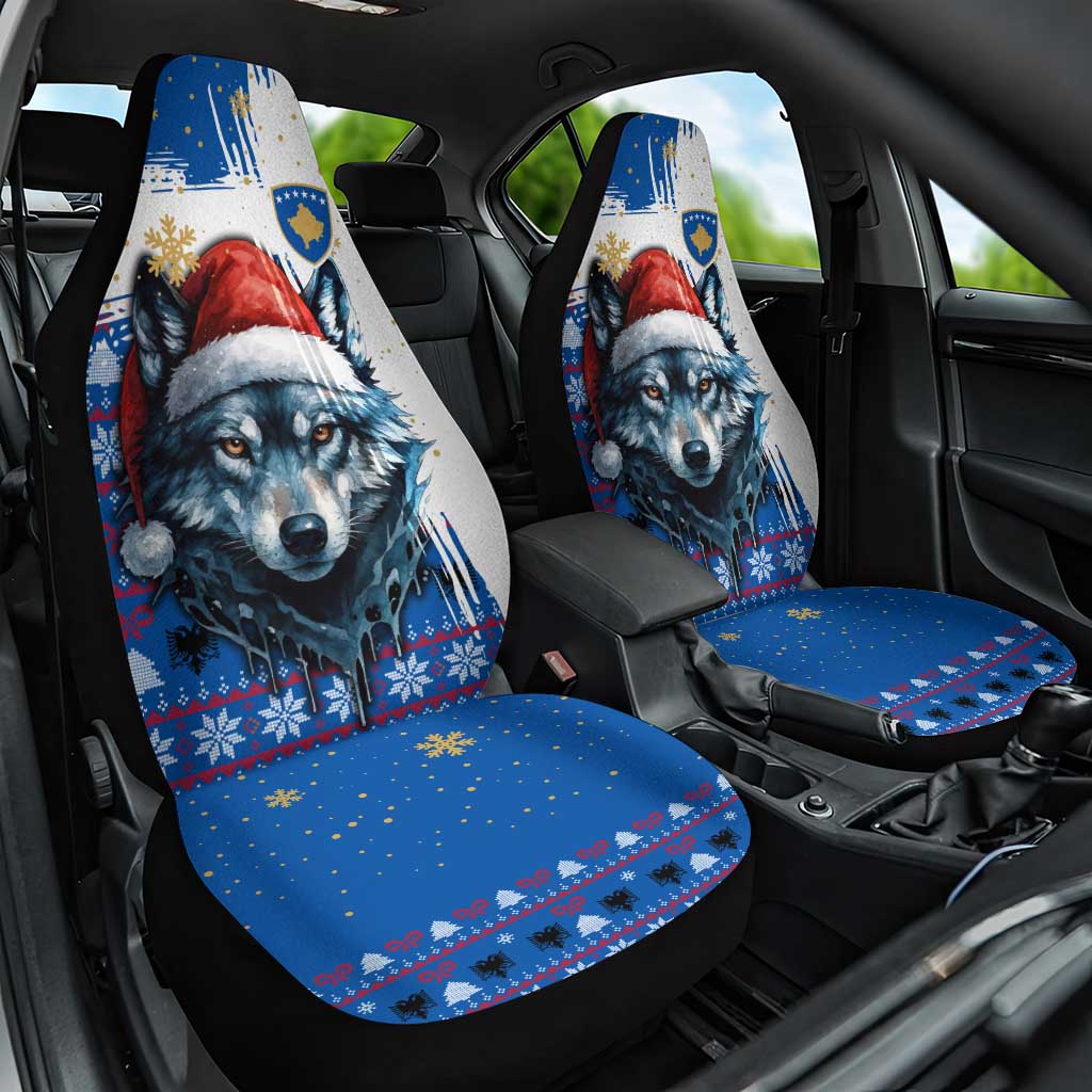 Kosovo Christmas Car Seat Cover with Santa Wolf Snowflakes Blue Pattern and National Emblem - Wonder Print Shop