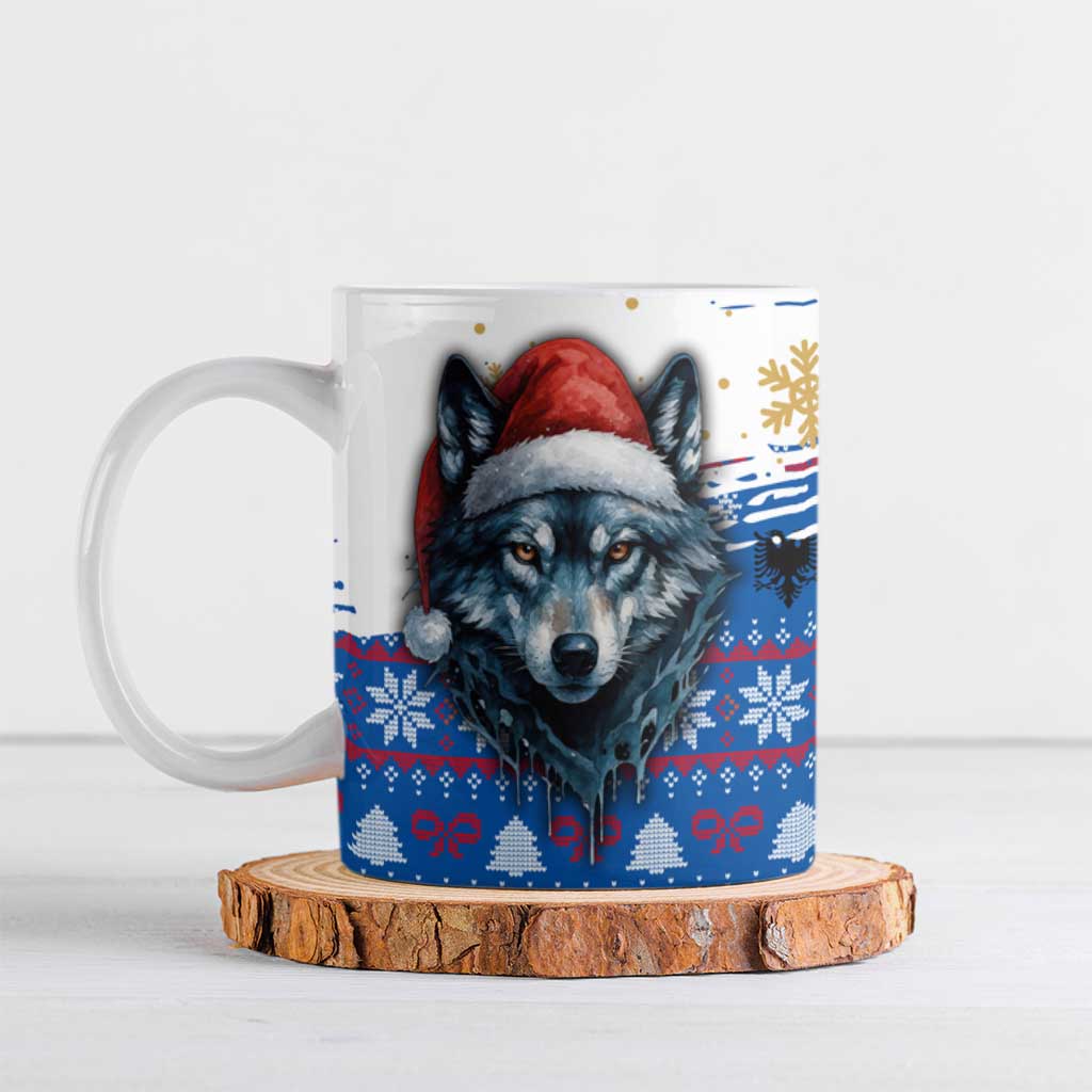 Kosovo Christmas Ceramic Mug with Santa Wolf Snowflakes Blue Pattern and National Emblem - Wonder Print Shop