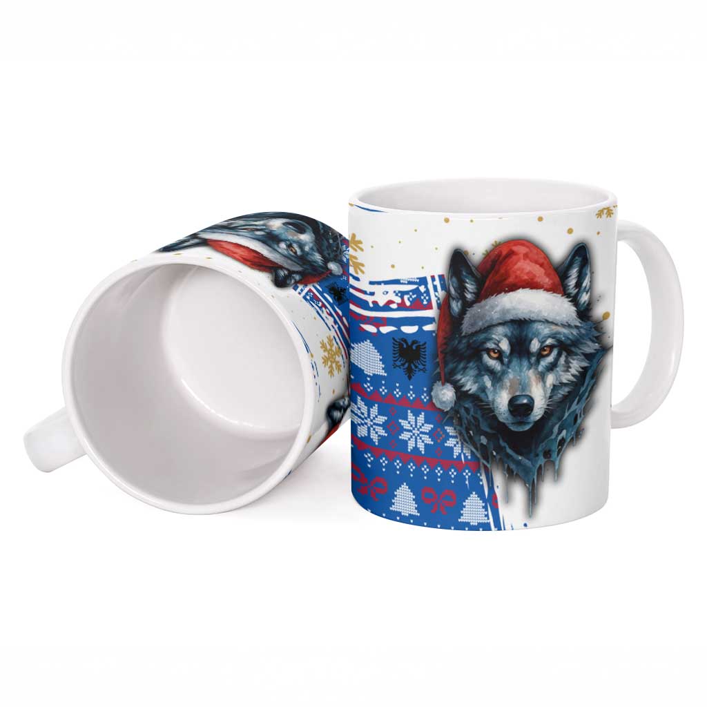 Kosovo Christmas Ceramic Mug with Santa Wolf Snowflakes Blue Pattern and National Emblem - Wonder Print Shop