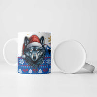 Kosovo Christmas Ceramic Mug with Santa Wolf Snowflakes Blue Pattern and National Emblem - Wonder Print Shop