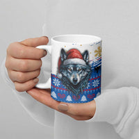 Kosovo Christmas Ceramic Mug with Santa Wolf Snowflakes Blue Pattern and National Emblem - Wonder Print Shop