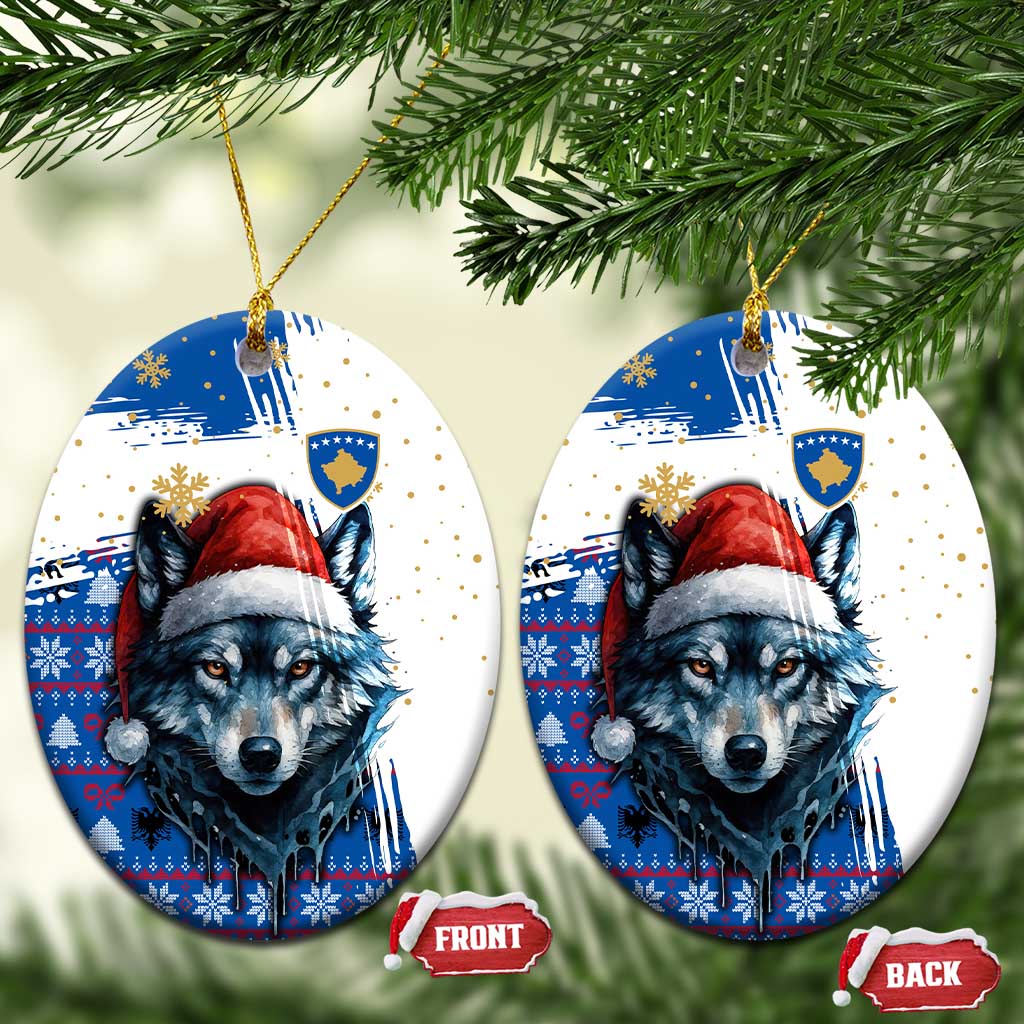 Kosovo Christmas Ceramic Ornament with Santa Wolf Snowflakes Blue Pattern and National Emblem - Wonder Print Shop