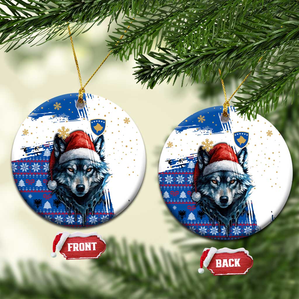 Kosovo Christmas Ceramic Ornament with Santa Wolf Snowflakes Blue Pattern and National Emblem - Wonder Print Shop