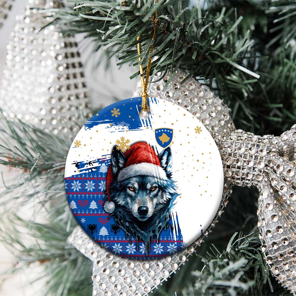 Kosovo Christmas Ceramic Ornament with Santa Wolf Snowflakes Blue Pattern and National Emblem - Wonder Print Shop