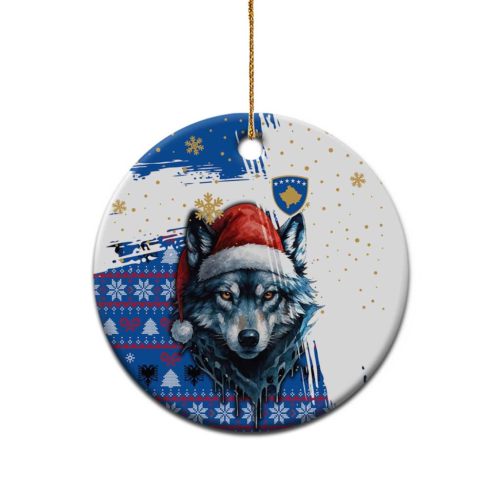 Kosovo Christmas Ceramic Ornament with Santa Wolf Snowflakes Blue Pattern and National Emblem - Wonder Print Shop