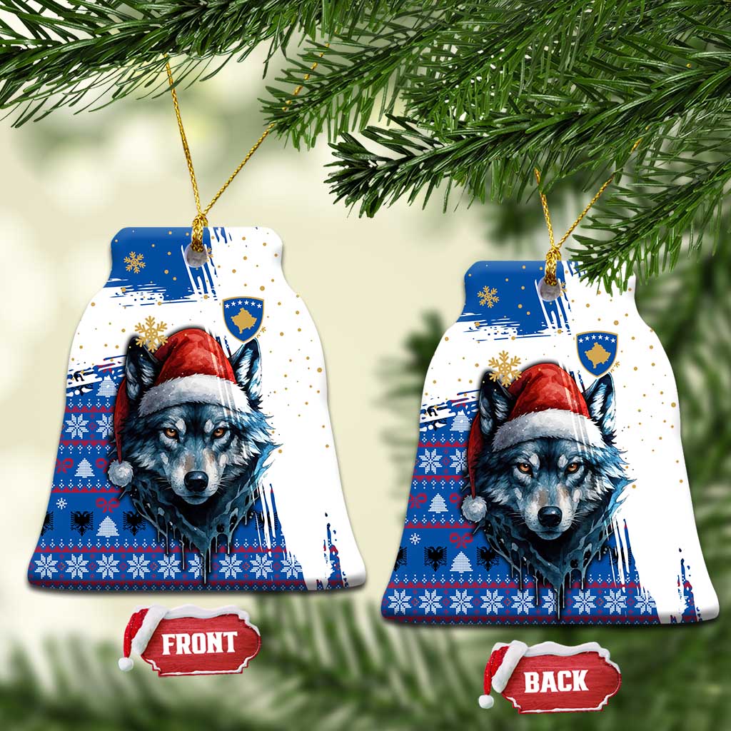 Kosovo Christmas Ceramic Ornament with Santa Wolf Snowflakes Blue Pattern and National Emblem - Wonder Print Shop