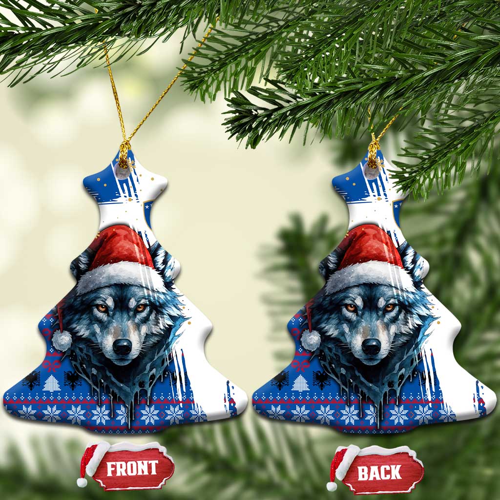 Kosovo Christmas Ceramic Ornament with Santa Wolf Snowflakes Blue Pattern and National Emblem - Wonder Print Shop