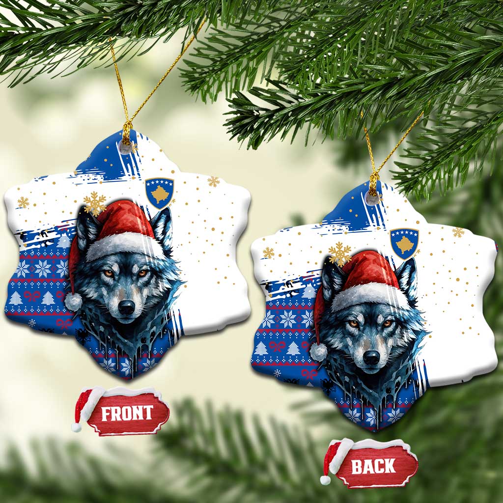 Kosovo Christmas Ceramic Ornament with Santa Wolf Snowflakes Blue Pattern and National Emblem - Wonder Print Shop