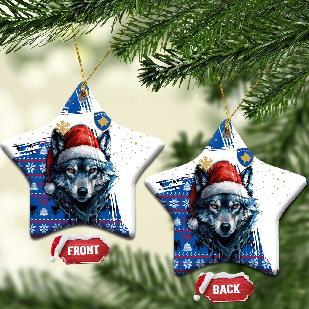 Kosovo Christmas Ceramic Ornament with Santa Wolf Snowflakes Blue Pattern and National Emblem - Wonder Print Shop