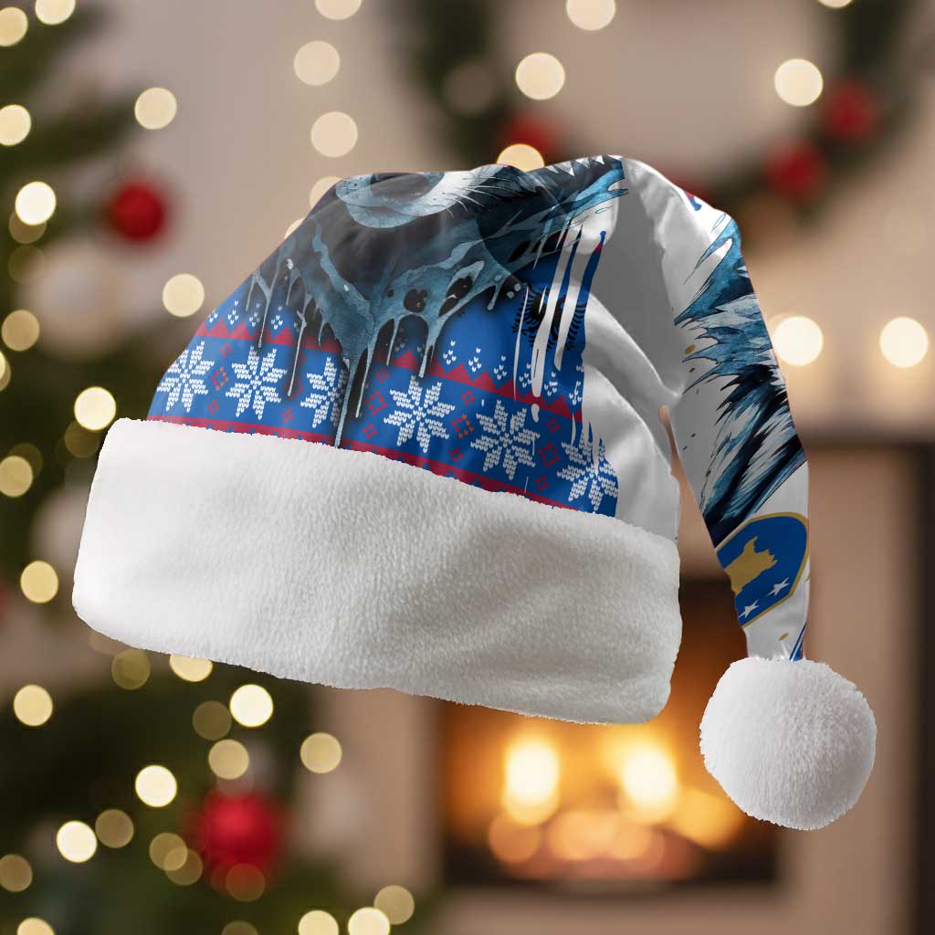 Kosovo Christmas Santa Hat with Santa Wolf Snowflakes Blue Pattern and National Emblem - Wonder Print Shop