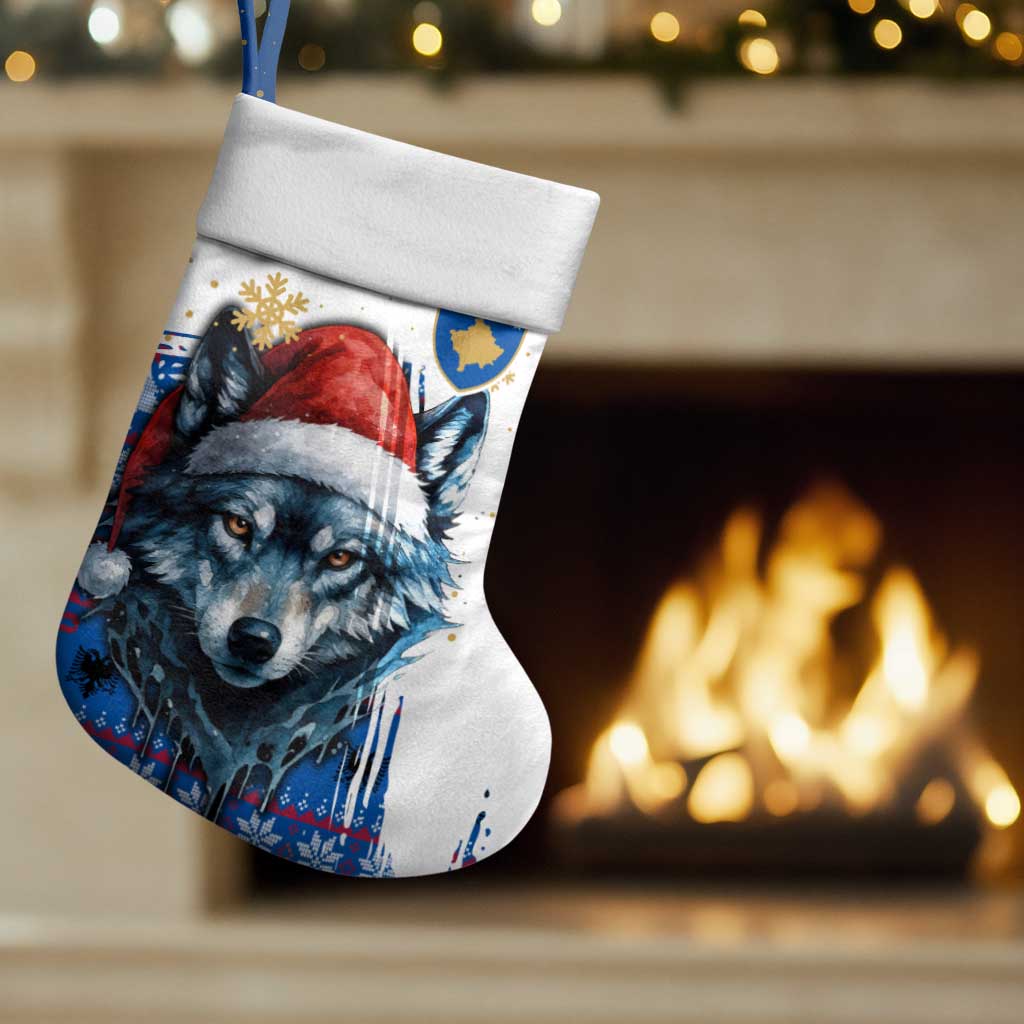 Kosovo Christmas Stocking with Santa Wolf Snowflakes Blue Pattern and National Emblem - Wonder Print Shop