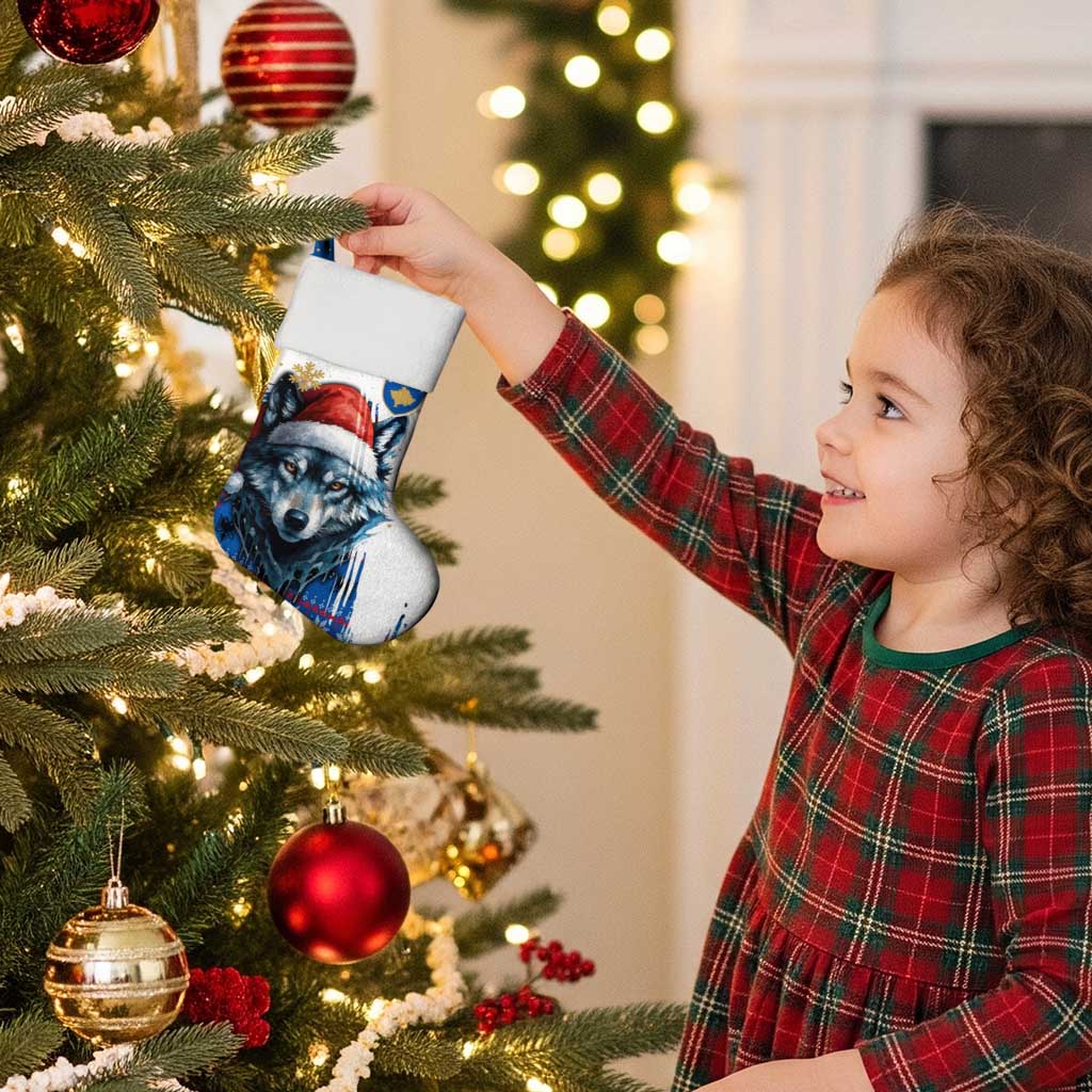 Kosovo Christmas Stocking with Santa Wolf Snowflakes Blue Pattern and National Emblem - Wonder Print Shop