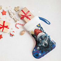 Kosovo Christmas Stocking with Santa Wolf Snowflakes Blue Pattern and National Emblem - Wonder Print Shop