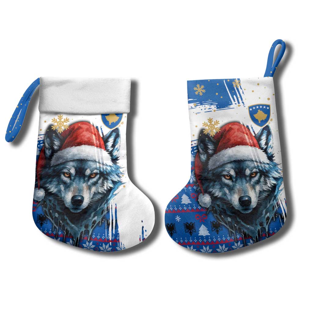 Kosovo Christmas Stocking with Santa Wolf Snowflakes Blue Pattern and National Emblem - Wonder Print Shop