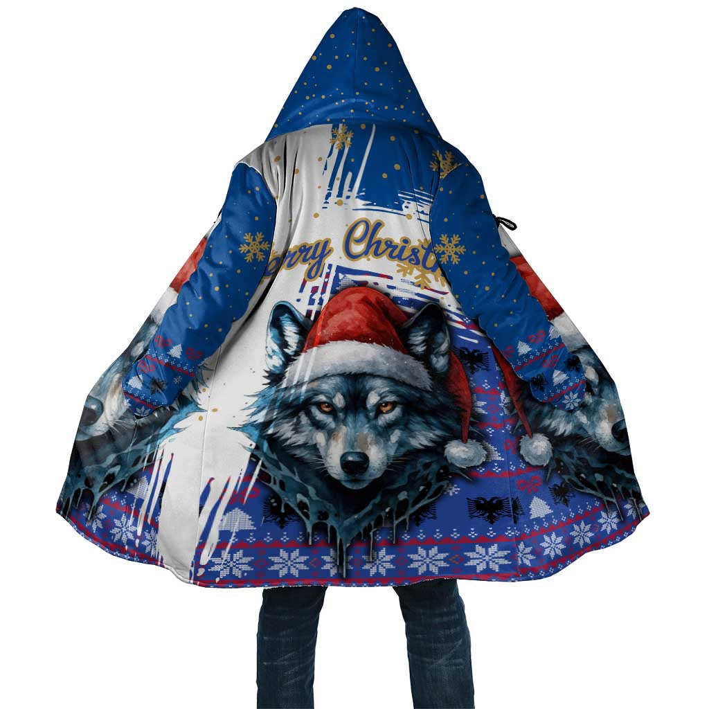 Kosovo Christmas Cloak with Santa Wolf Snowflakes Blue Pattern and National Emblem - Wonder Print Shop