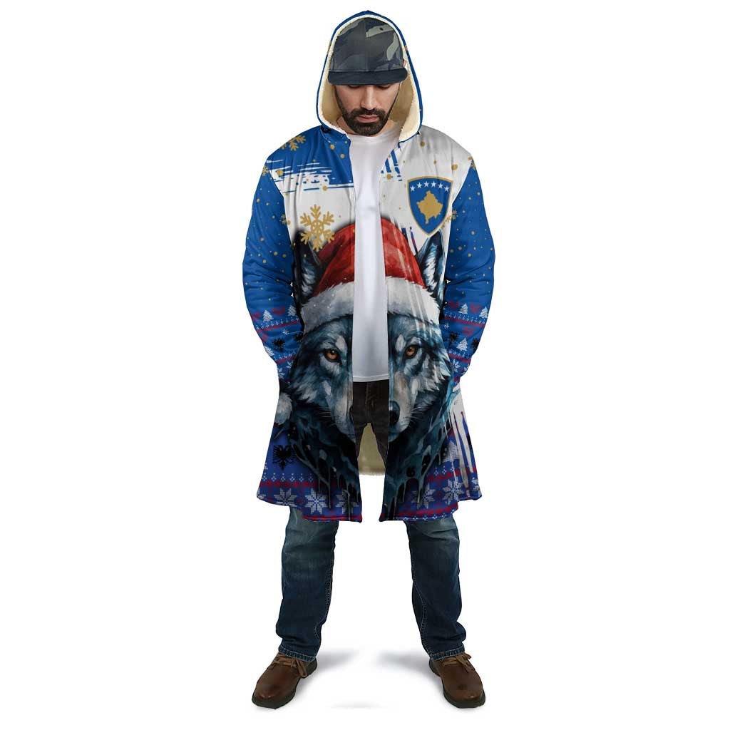 Kosovo Christmas Cloak with Santa Wolf Snowflakes Blue Pattern and National Emblem - Wonder Print Shop