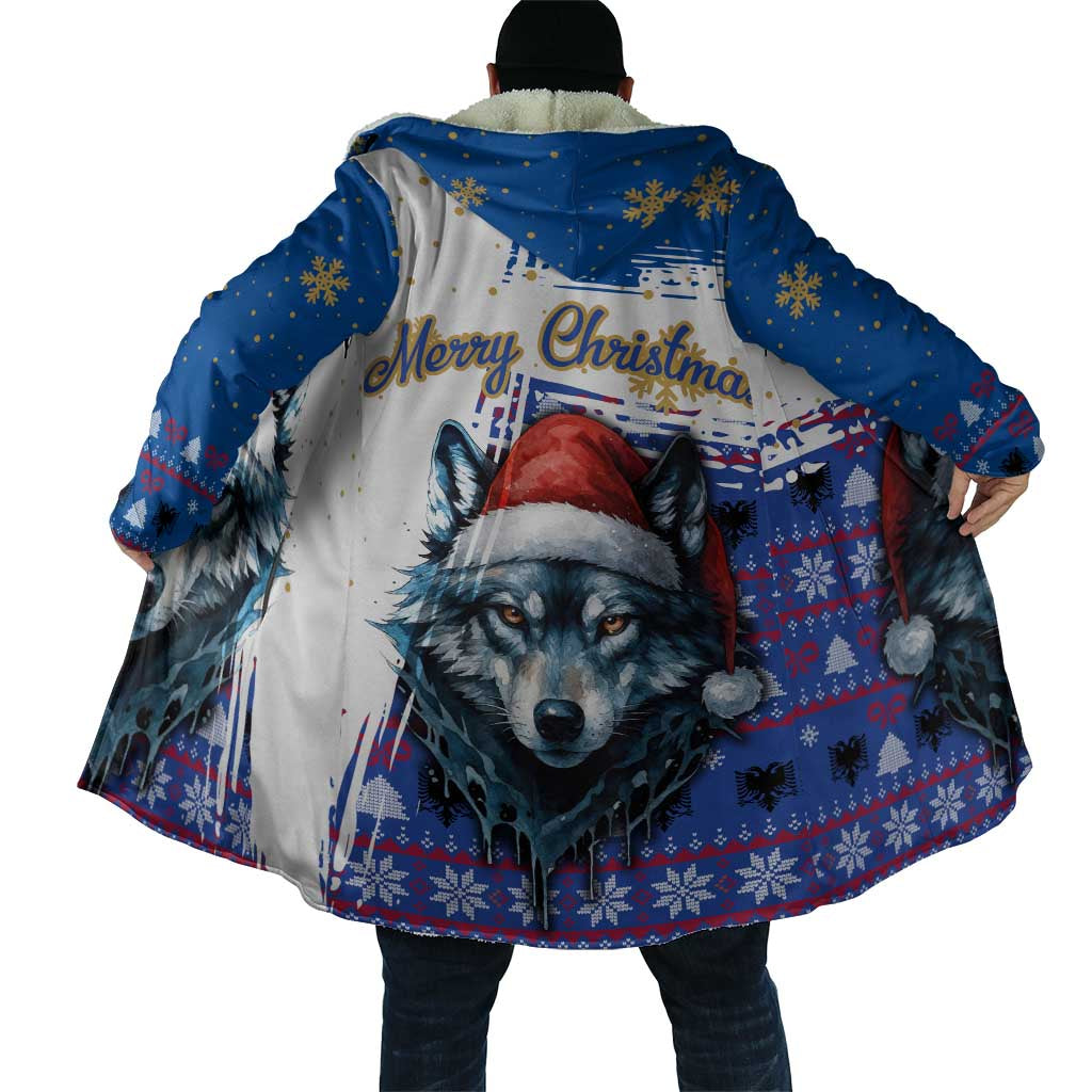Kosovo Christmas Cloak with Santa Wolf Snowflakes Blue Pattern and National Emblem - Wonder Print Shop