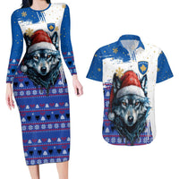 Kosovo Christmas Couples Matching Long Sleeve Bodycon Dress and Hawaiian Shirt with Santa Wolf Snowflakes Blue Pattern and National Emblem - Wonder Print Shop