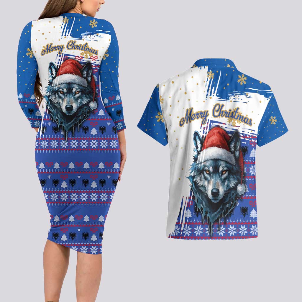 Kosovo Christmas Couples Matching Long Sleeve Bodycon Dress and Hawaiian Shirt with Santa Wolf Snowflakes Blue Pattern and National Emblem - Wonder Print Shop