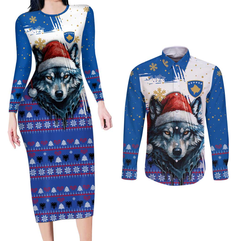 Kosovo Christmas Couples Matching Long Sleeve Bodycon Dress and Long Sleeve Button Shirt with Santa Wolf Snowflakes Blue Pattern and National Emblem - Wonder Print Shop