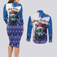 Kosovo Christmas Couples Matching Long Sleeve Bodycon Dress and Long Sleeve Button Shirt with Santa Wolf Snowflakes Blue Pattern and National Emblem - Wonder Print Shop