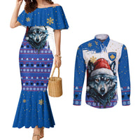 Kosovo Christmas Couples Matching Mermaid Dress and Long Sleeve Button Shirt with Santa Wolf Snowflakes Blue Pattern and National Emblem - Wonder Print Shop