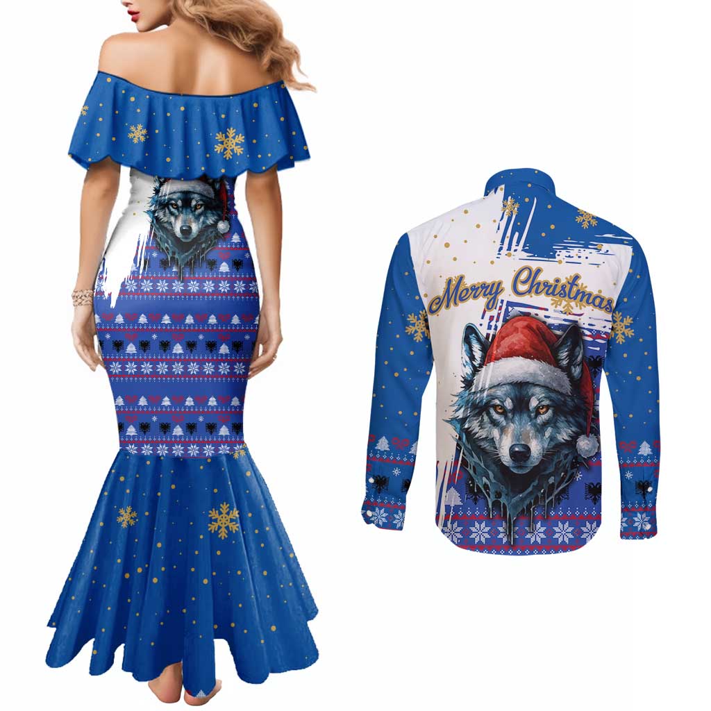 Kosovo Christmas Couples Matching Mermaid Dress and Long Sleeve Button Shirt with Santa Wolf Snowflakes Blue Pattern and National Emblem - Wonder Print Shop