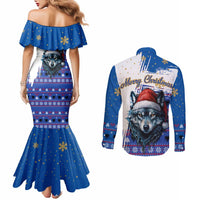 Kosovo Christmas Couples Matching Mermaid Dress and Long Sleeve Button Shirt with Santa Wolf Snowflakes Blue Pattern and National Emblem - Wonder Print Shop