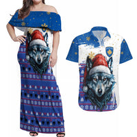 Kosovo Christmas Couples Matching Off Shoulder Maxi Dress and Hawaiian Shirt with Santa Wolf Snowflakes Blue Pattern and National Emblem - Wonder Print Shop