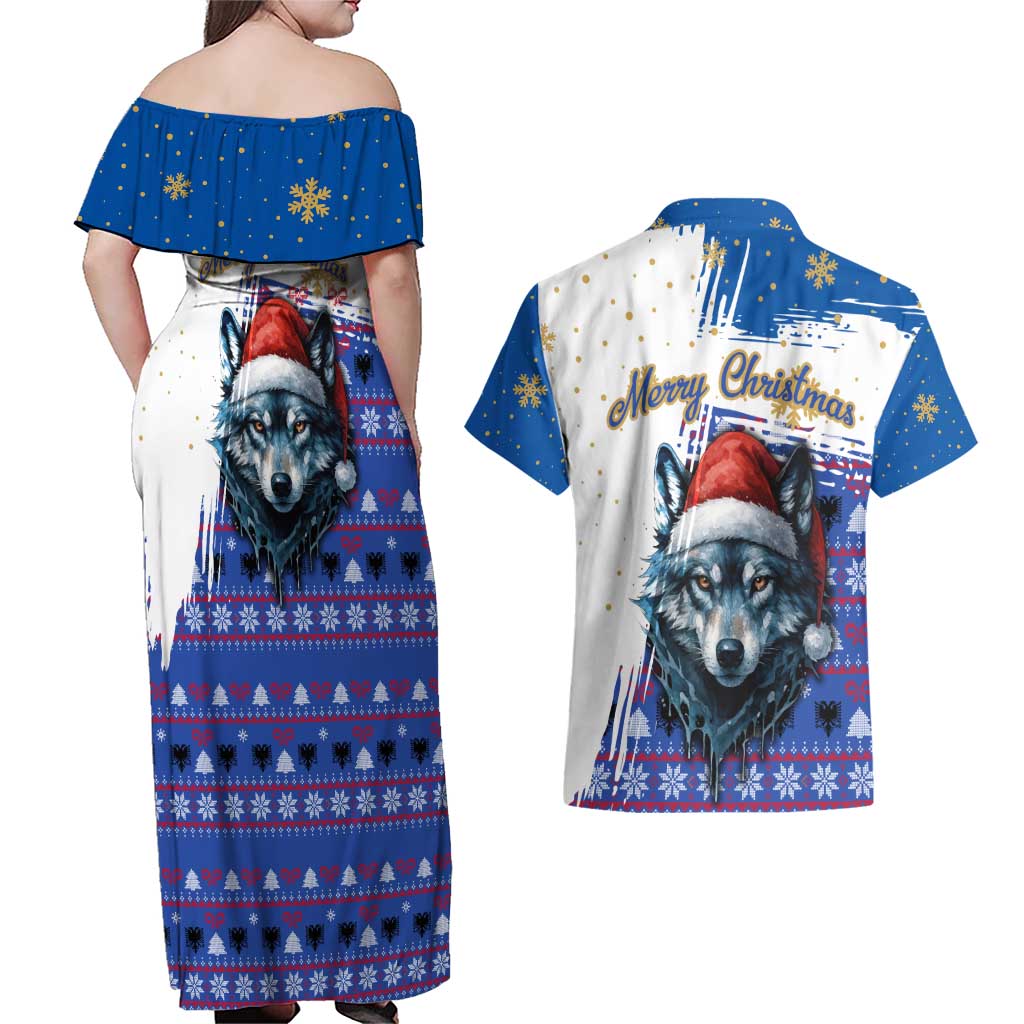 Kosovo Christmas Couples Matching Off Shoulder Maxi Dress and Hawaiian Shirt with Santa Wolf Snowflakes Blue Pattern and National Emblem - Wonder Print Shop