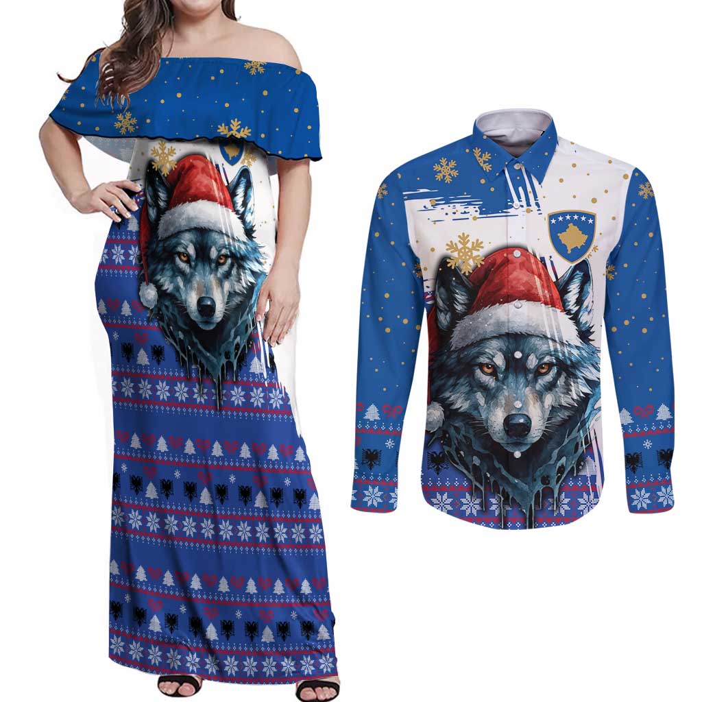 Kosovo Christmas Couples Matching Off Shoulder Maxi Dress and Long Sleeve Button Shirt with Santa Wolf Snowflakes Blue Pattern and National Emblem - Wonder Print Shop
