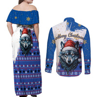 Kosovo Christmas Couples Matching Off Shoulder Maxi Dress and Long Sleeve Button Shirt with Santa Wolf Snowflakes Blue Pattern and National Emblem - Wonder Print Shop