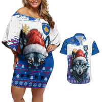 Kosovo Christmas Couples Matching Off Shoulder Short Dress and Hawaiian Shirt with Santa Wolf Snowflakes Blue Pattern and National Emblem - Wonder Print Shop