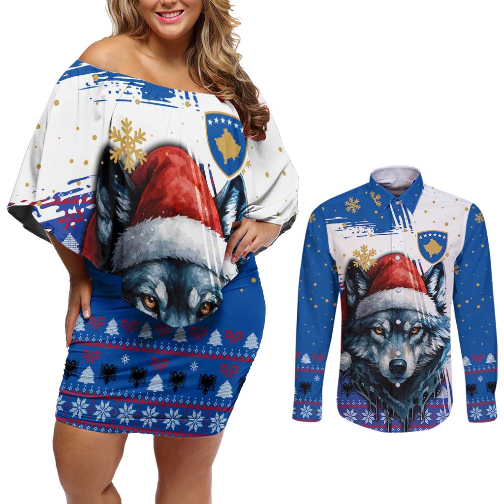 Kosovo Christmas Couples Matching Off Shoulder Short Dress and Long Sleeve Button Shirt with Santa Wolf Snowflakes Blue Pattern and National Emblem - Wonder Print Shop