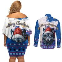 Kosovo Christmas Couples Matching Off Shoulder Short Dress and Long Sleeve Button Shirt with Santa Wolf Snowflakes Blue Pattern and National Emblem - Wonder Print Shop