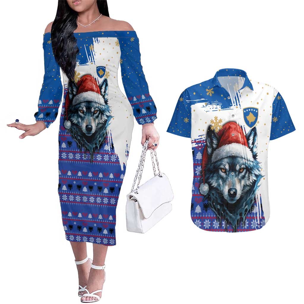 Kosovo Christmas Couples Matching Off The Shoulder Long Sleeve Dress and Hawaiian Shirt with Santa Wolf Snowflakes Blue Pattern and National Emblem - Wonder Print Shop