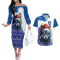 Kosovo Christmas Couples Matching Off The Shoulder Long Sleeve Dress and Hawaiian Shirt with Santa Wolf Snowflakes Blue Pattern and National Emblem - Wonder Print Shop
