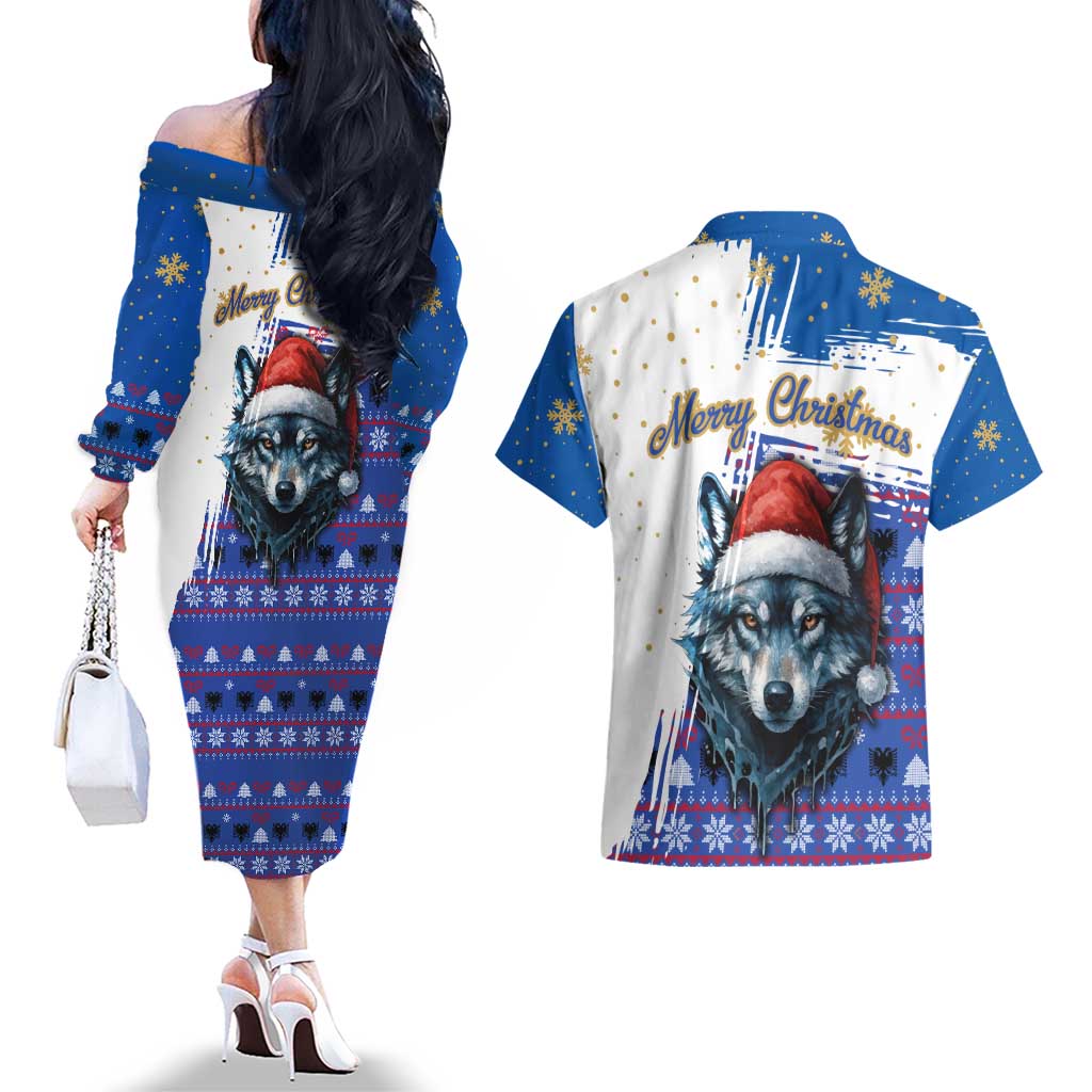 Kosovo Christmas Couples Matching Off The Shoulder Long Sleeve Dress and Hawaiian Shirt with Santa Wolf Snowflakes Blue Pattern and National Emblem - Wonder Print Shop