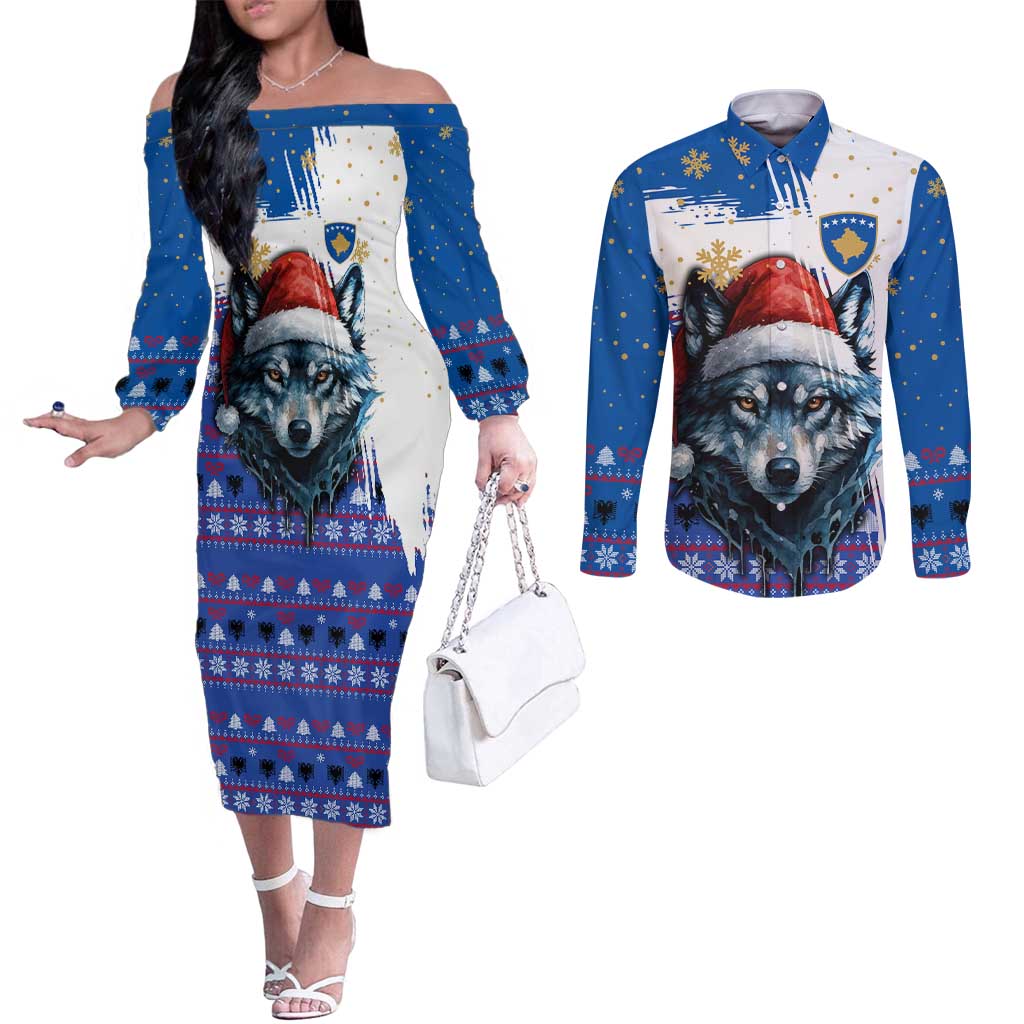 Kosovo Christmas Couples Matching Off The Shoulder Long Sleeve Dress and Long Sleeve Button Shirt with Santa Wolf Snowflakes Blue Pattern and National Emblem - Wonder Print Shop
