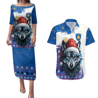 Kosovo Christmas Couples Matching Puletasi and Hawaiian Shirt with Santa Wolf Snowflakes Blue Pattern and National Emblem - Wonder Print Shop