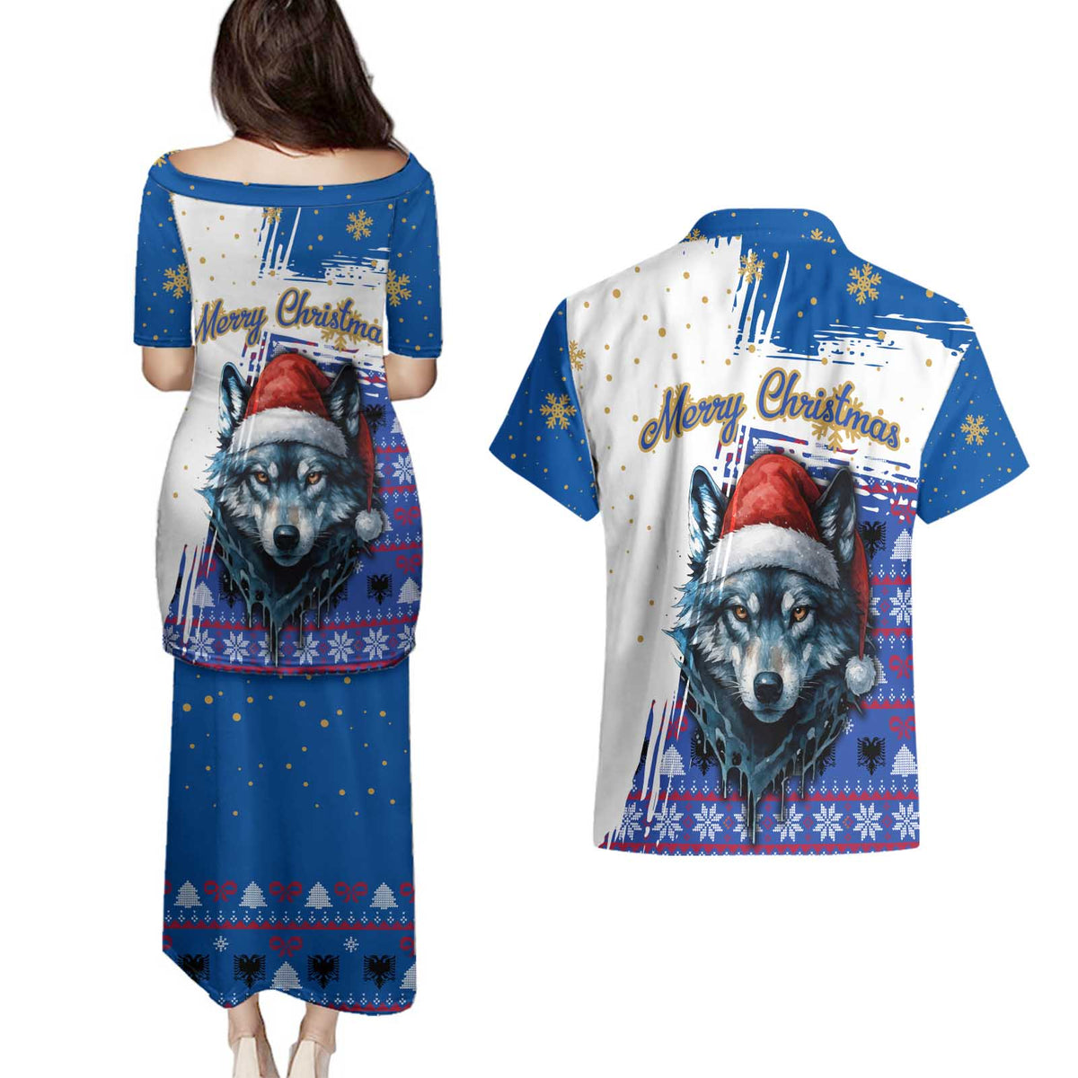 Kosovo Christmas Couples Matching Puletasi and Hawaiian Shirt with Santa Wolf Snowflakes Blue Pattern and National Emblem - Wonder Print Shop