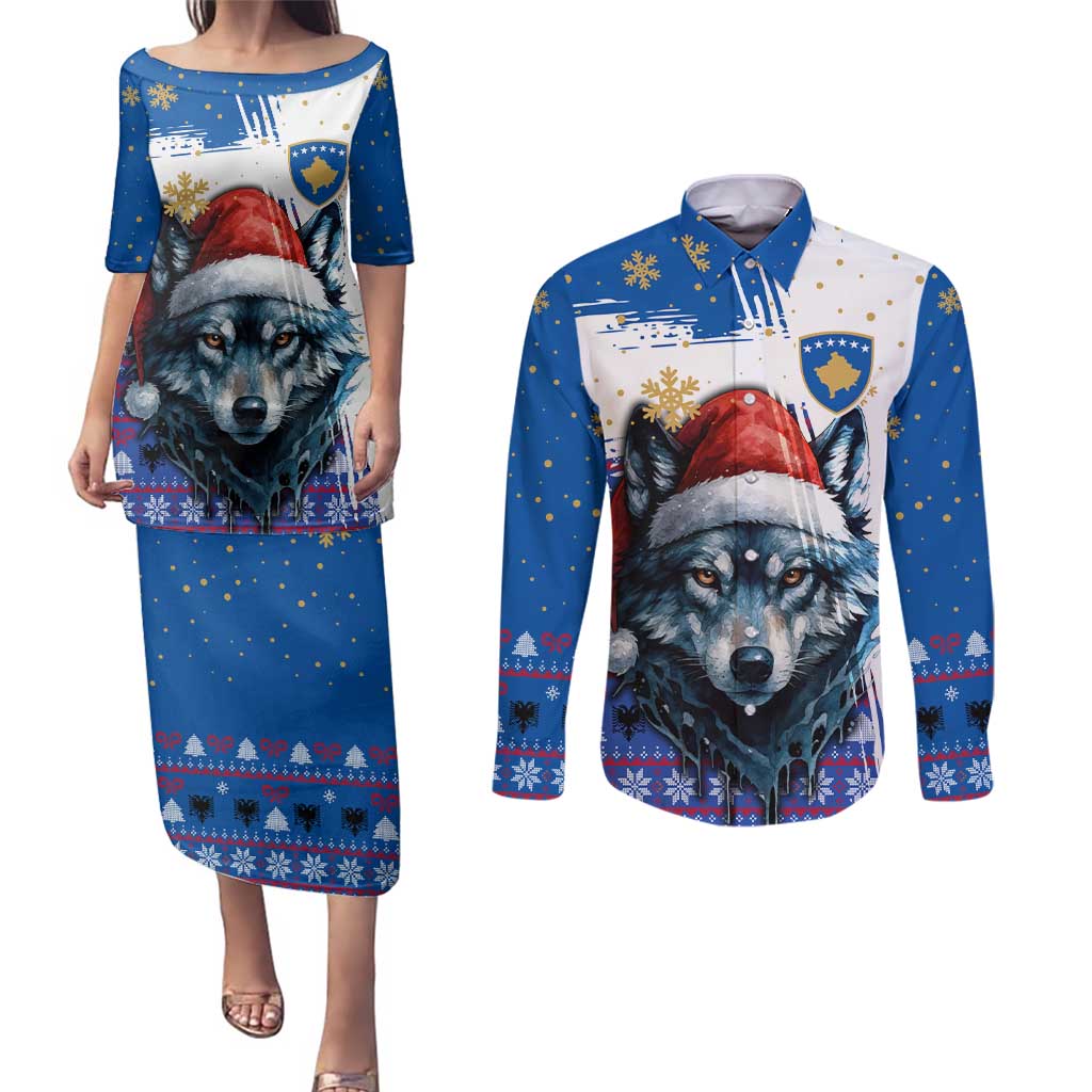Kosovo Christmas Couples Matching Puletasi and Long Sleeve Button Shirt with Santa Wolf Snowflakes Blue Pattern and National Emblem - Wonder Print Shop