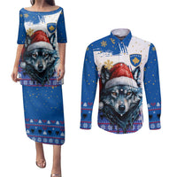 Kosovo Christmas Couples Matching Puletasi and Long Sleeve Button Shirt with Santa Wolf Snowflakes Blue Pattern and National Emblem - Wonder Print Shop