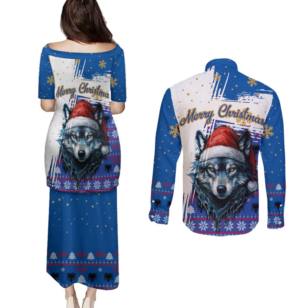 Kosovo Christmas Couples Matching Puletasi and Long Sleeve Button Shirt with Santa Wolf Snowflakes Blue Pattern and National Emblem - Wonder Print Shop