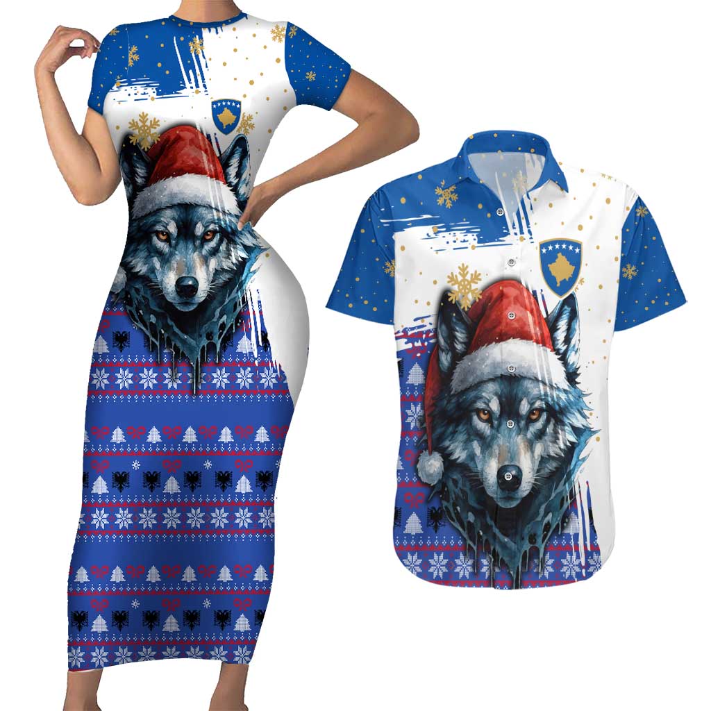 Kosovo Christmas Couples Matching Short Sleeve Bodycon Dress and Hawaiian Shirt with Santa Wolf Snowflakes Blue Pattern and National Emblem - Wonder Print Shop