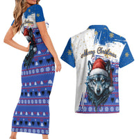 Kosovo Christmas Couples Matching Short Sleeve Bodycon Dress and Hawaiian Shirt with Santa Wolf Snowflakes Blue Pattern and National Emblem - Wonder Print Shop