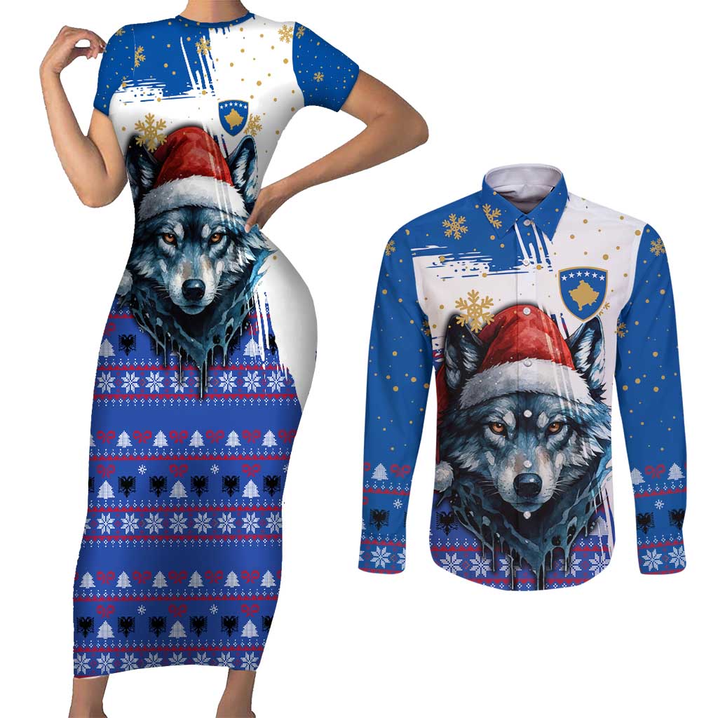 Kosovo Christmas Couples Matching Short Sleeve Bodycon Dress and Long Sleeve Button Shirt with Santa Wolf Snowflakes Blue Pattern and National Emblem - Wonder Print Shop